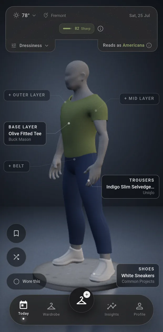 The Dosset Today screen: the 3D figure wearing an olive tee, indigo jeans and white sneakers, graded 82, reading as Americana.